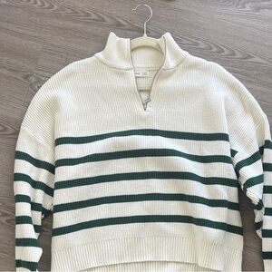 Mango Ivory and Forest Green Striped Cowl Sweater